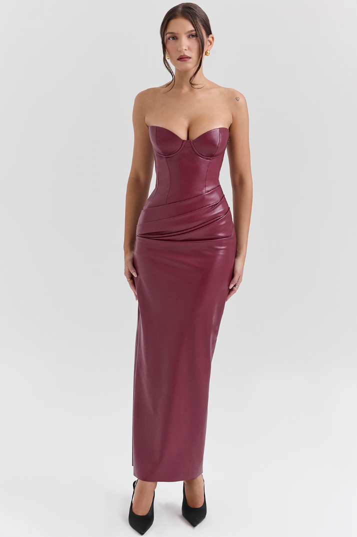 Rosaria™ | BORDEAUX LEATHER MIDI DRESS