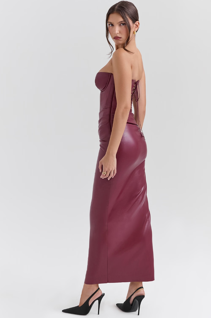 Rosaria™ | BORDEAUX LEATHER MIDI DRESS